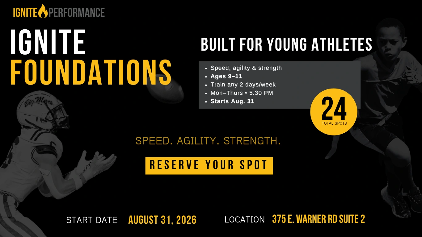 Ignite Foundations youth training banner - speed, agility and strength for ages 9 to 11, starting August 31 2026 in Chandler AZ